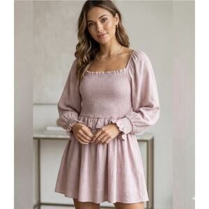 Oddi Smocked Square Neck Long Sleeve Midi Pink Boho Dress XL NEW Cottagecore